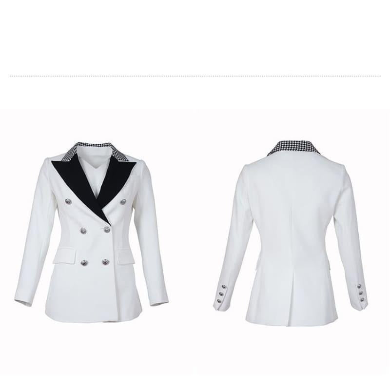 Elegant Black and White Double Breasted Women Tuxedo Blazer Jackets - Jackets