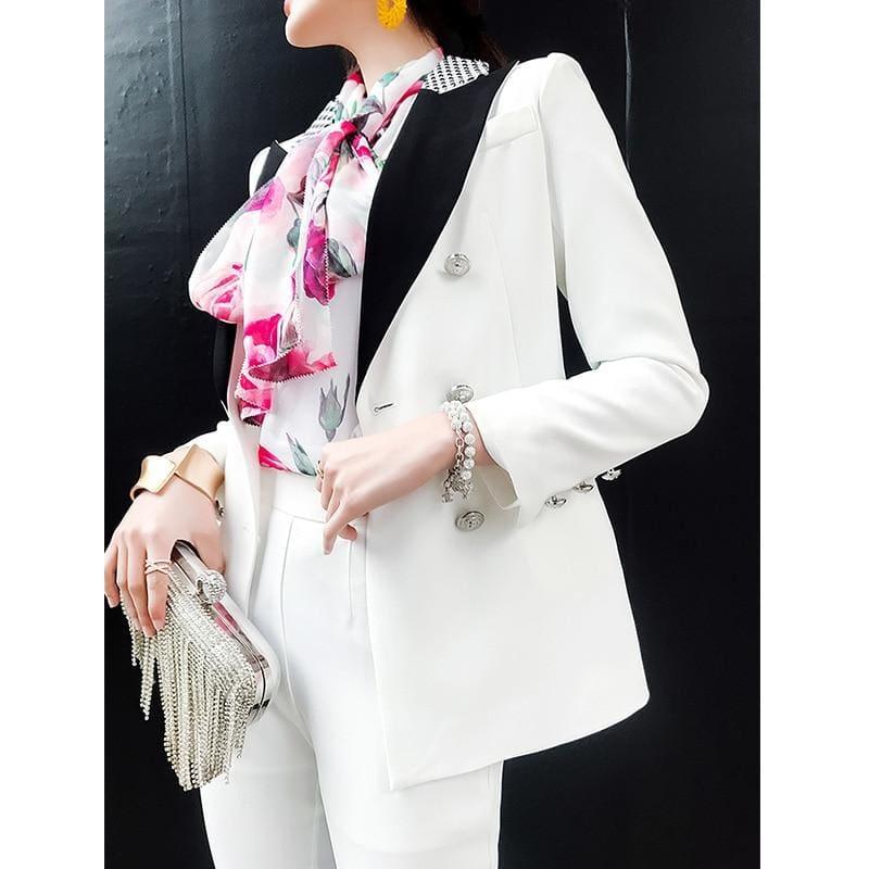 Elegant Black and White Double Breasted Women Tuxedo Blazer Jackets - Jackets