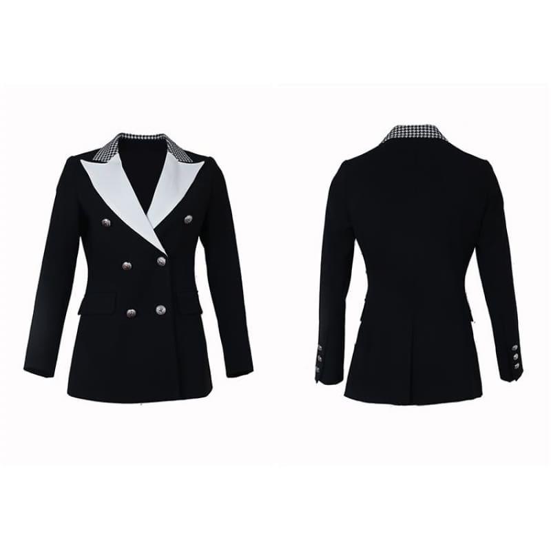 Elegant Black and White Double Breasted Women Tuxedo Blazer Jackets - Jackets