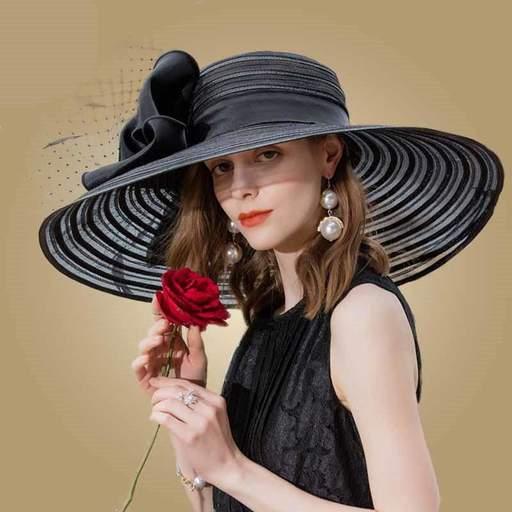 Elegant Black Kentucky Derby Hat Wide Large Bowknot Hat - TeresaCollections
