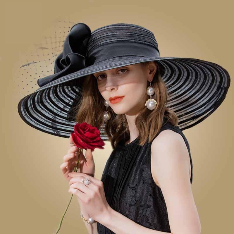 Elegant Black Kentucky Derby Hat Wide Large Bowknot Hat - TeresaCollections