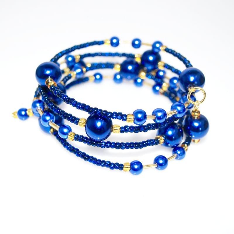 Elegant Blue Glass Pearls / Sapphire And Gold Ascent Wrap Around Bracelets - TeresaCollections