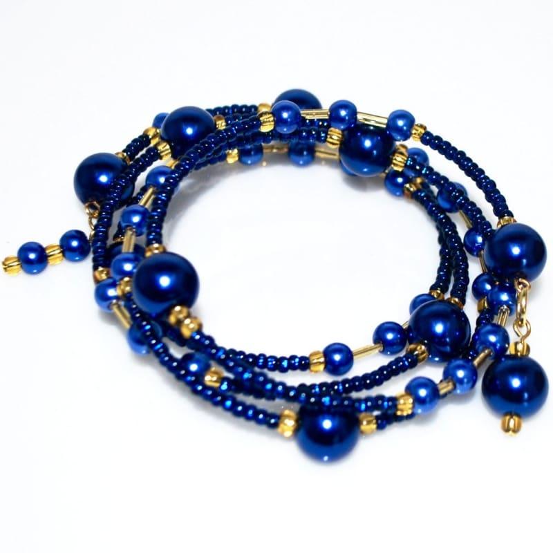 Elegant Blue Glass Pearls / Sapphire And Gold Ascent Wrap Around Bracelets - TeresaCollections