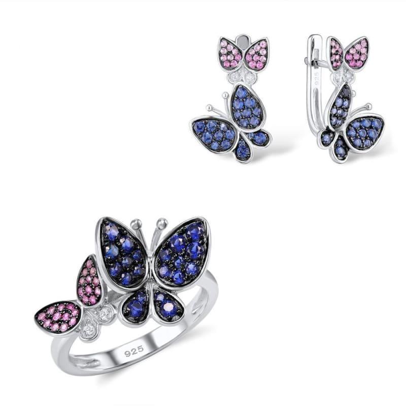 Elegant Blue Pink Stones Butterfly Earrings Ring Set 925 Sterling Silver Chic Jewelry Set - Jewelry Set