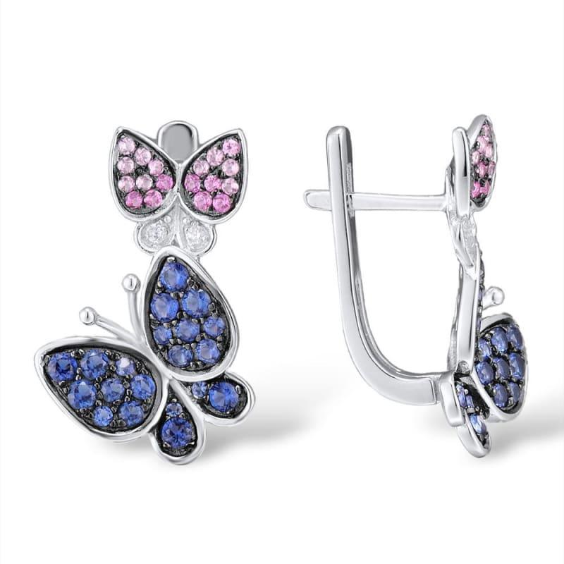 Elegant Blue Pink Stones Butterfly Earrings Ring Set 925 Sterling Silver Chic Jewelry Set - Jewelry Set