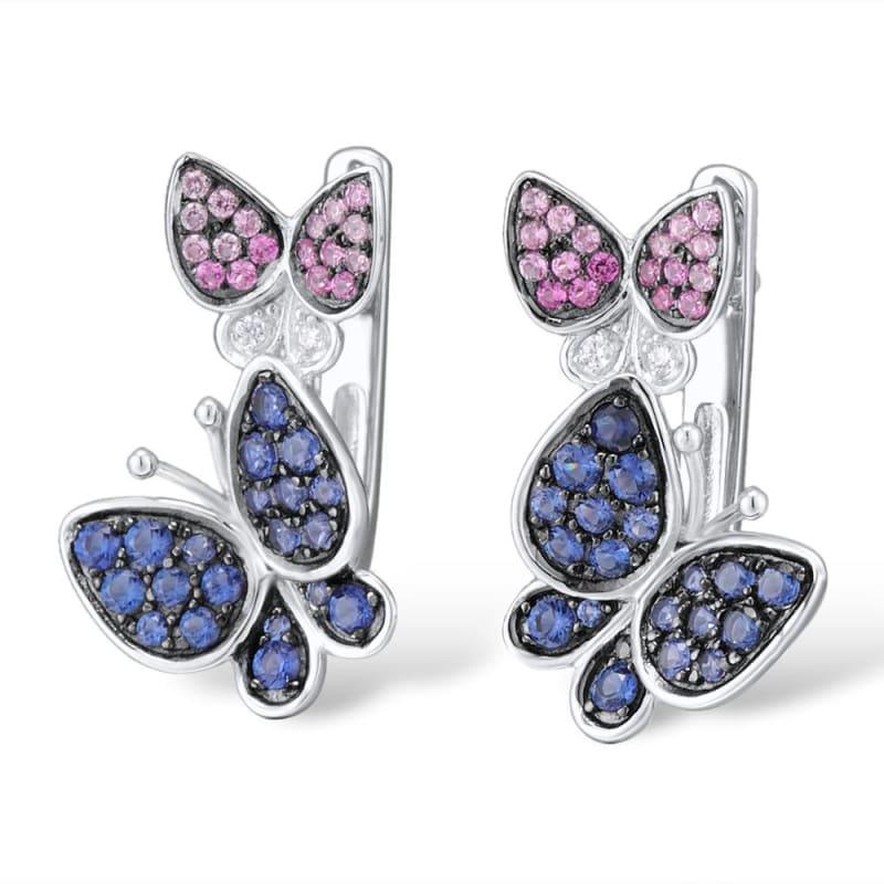 Elegant Blue Pink Stones Butterfly Earrings Ring Set 925 Sterling Silver Chic Jewelry Set - Jewelry Set