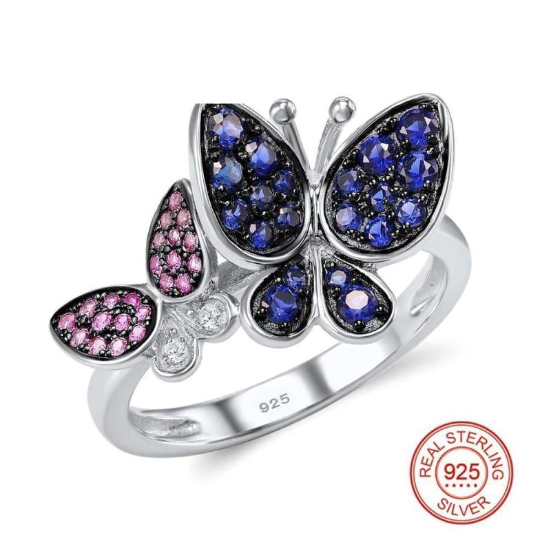 Elegant Blue Pink Stones Butterfly Earrings Ring Set 925 Sterling Silver Chic Jewelry Set - Jewelry Set