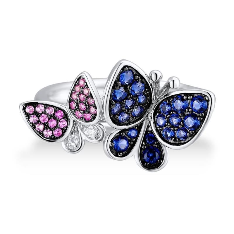 Elegant Blue Pink Stones Butterfly Earrings Ring Set 925 Sterling Silver Chic Jewelry Set - Jewelry Set