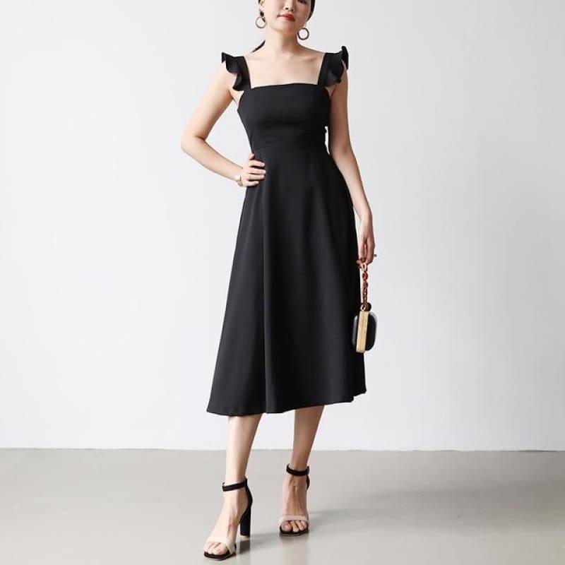 Elegant Dress Petal Sleeves Square Neck High Waist A Line Draped Dress Midi Dress - black / S - midi dress
