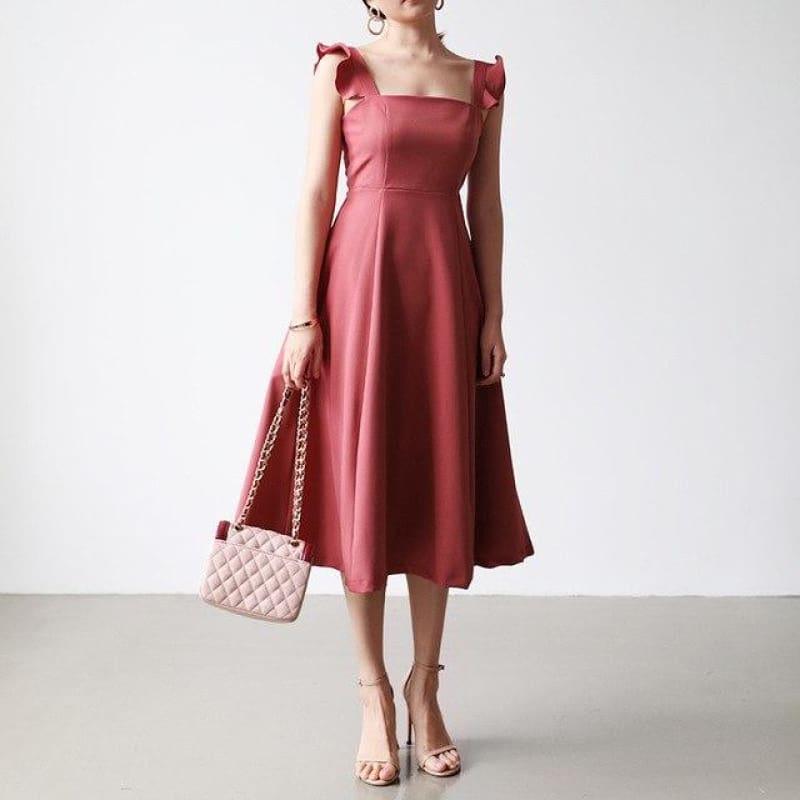 Elegant Dress Petal Sleeves Square Neck High Waist A Line Draped Dress Midi Dress - pink / S - midi dress