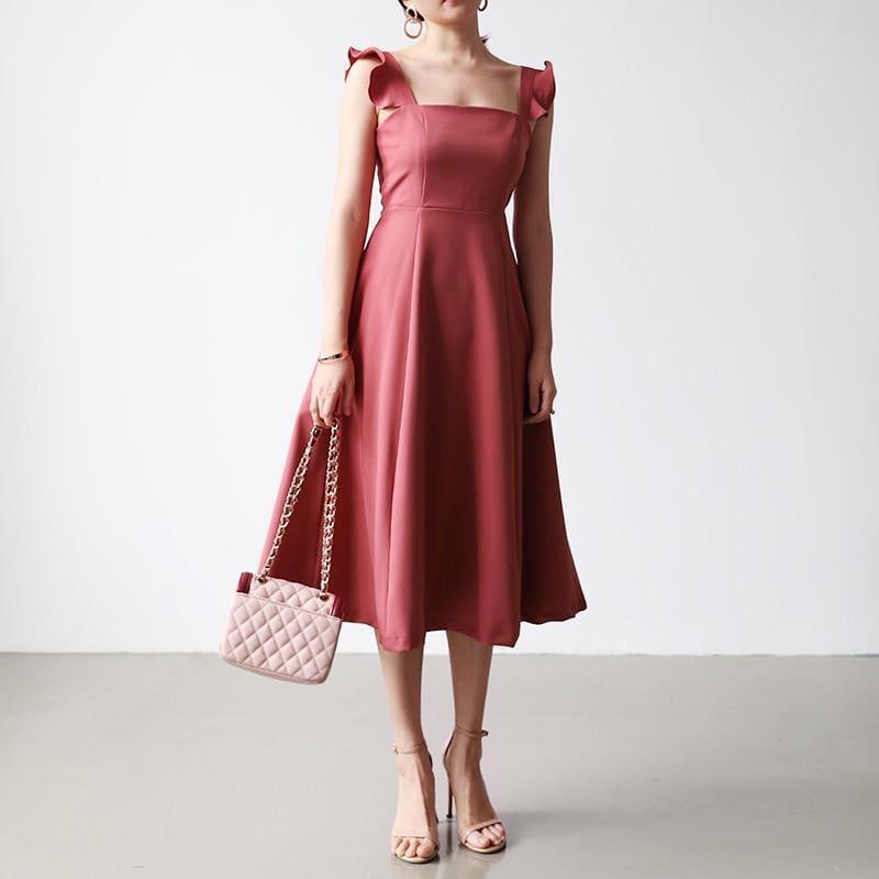 Elegant Dress Petal Sleeves Square Neck High Waist A Line Draped Dress Midi Dress - midi dress