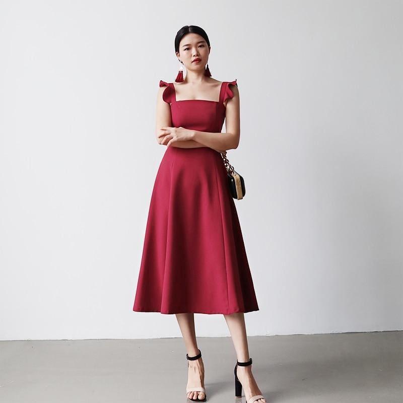 Elegant Dress Petal Sleeves Square Neck High Waist A Line Draped Dress Midi Dress - midi dress