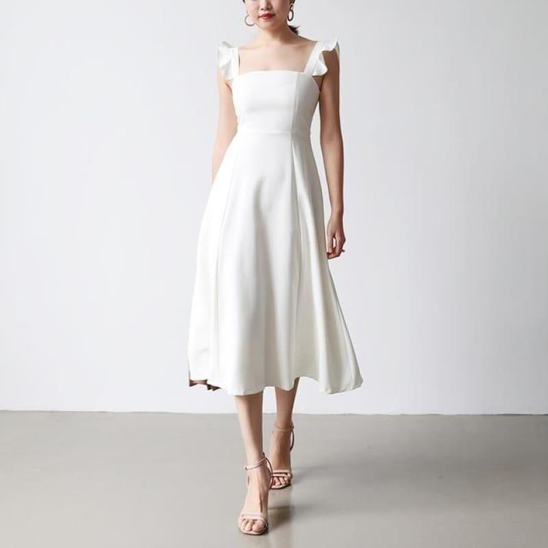 Elegant Dress Petal Sleeves Square Neck High Waist A Line Draped Dress Midi Dress - white / S - midi dress