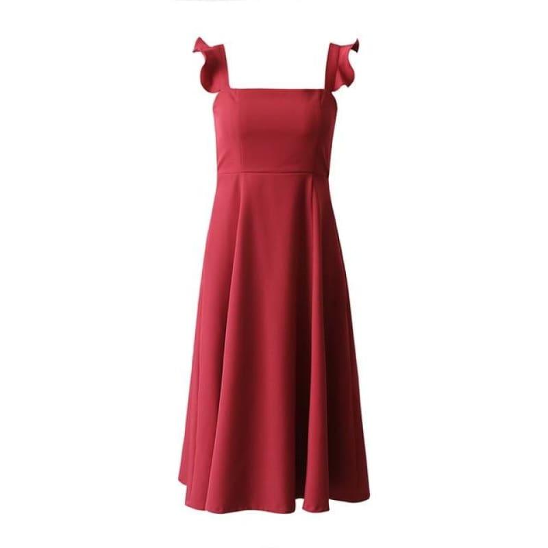 Elegant Dress Petal Sleeves Square Neck High Waist A Line Draped Dress Midi Dress - Wine Red / S - midi dress