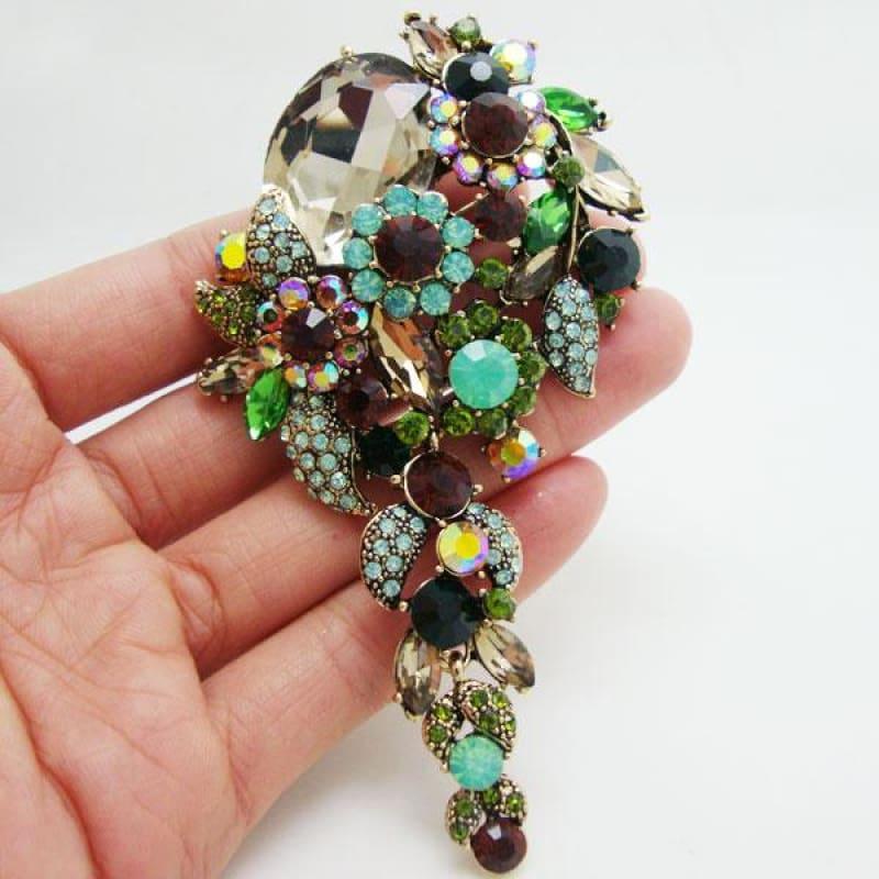 Elegant Flower Cluster Long Pendant Brooch Pin Multi-color Rhinestone Crystal - brooch
