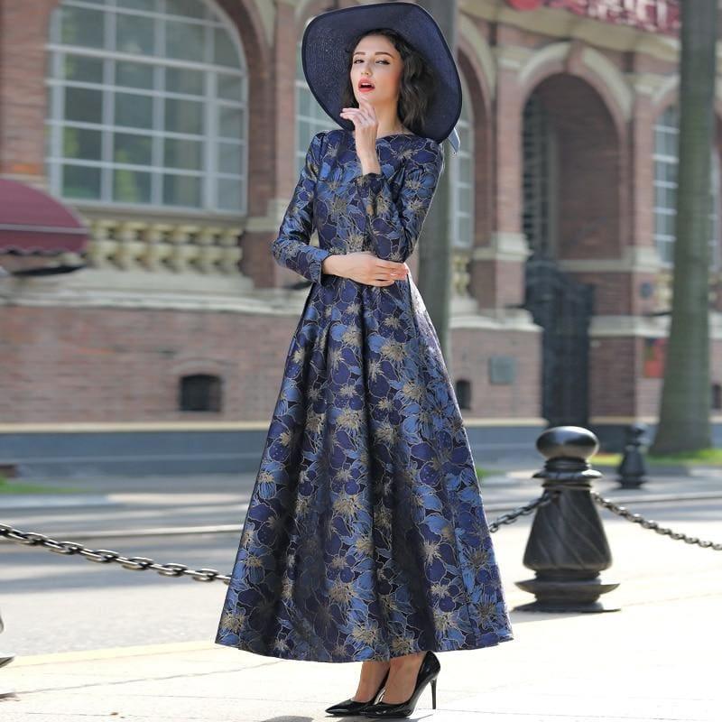 Elegant Gold Jacquard Maxi Dress Fall V neck Long Sleeve Formal Maxi Dress - gown