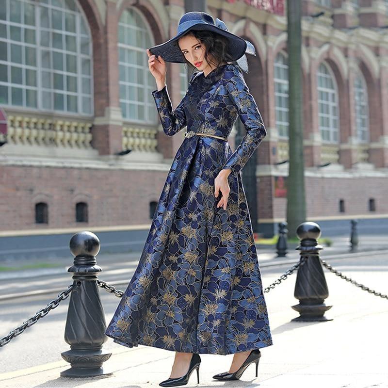 Elegant Gold Jacquard Maxi Dress Fall V neck Long Sleeve Formal Maxi Dress - TeresaCollections