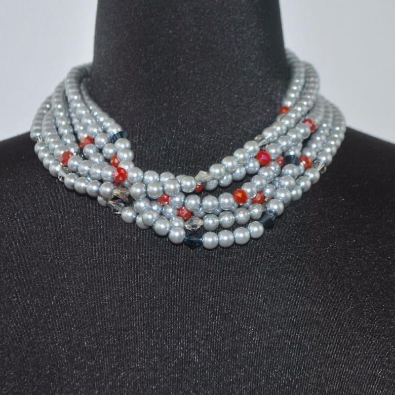 Elegant Gray Multi Strand Glass Pearls Necklace - Handmade