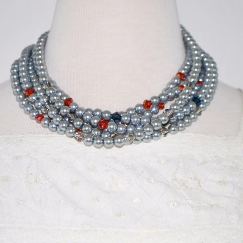 Elegant Gray Multi Strand Glass Pearls Necklace - Handmade