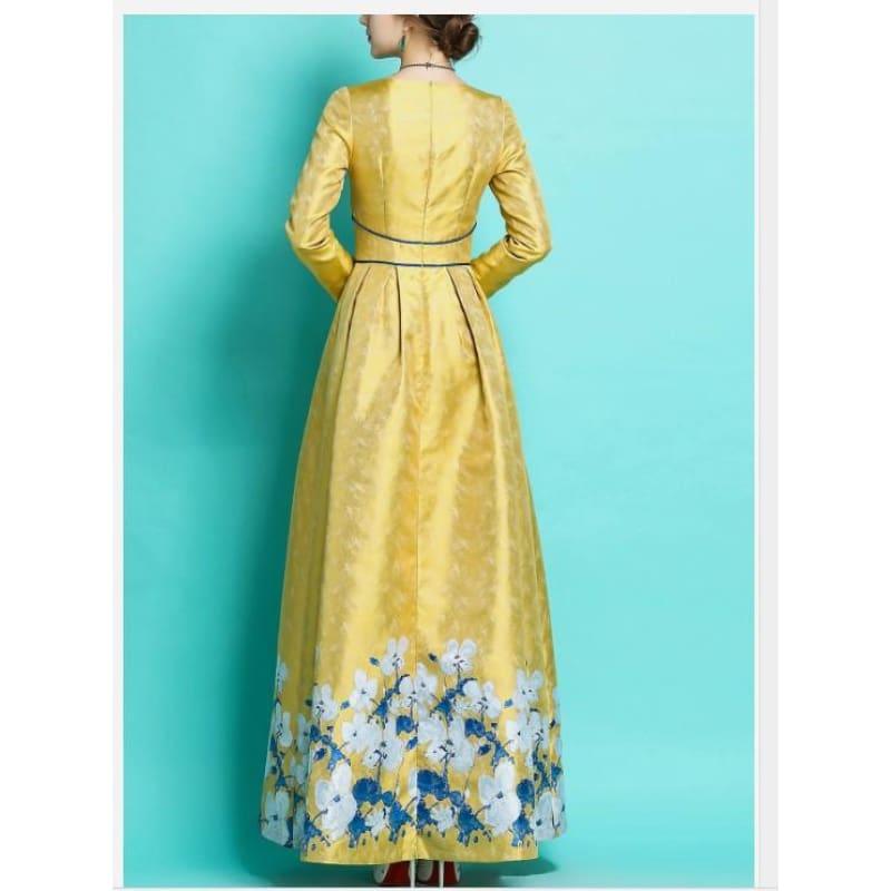 Elegant Luxury Jacquard Vintage Retro Long Sleeve Slim Maxi Dress - Maxi Dress