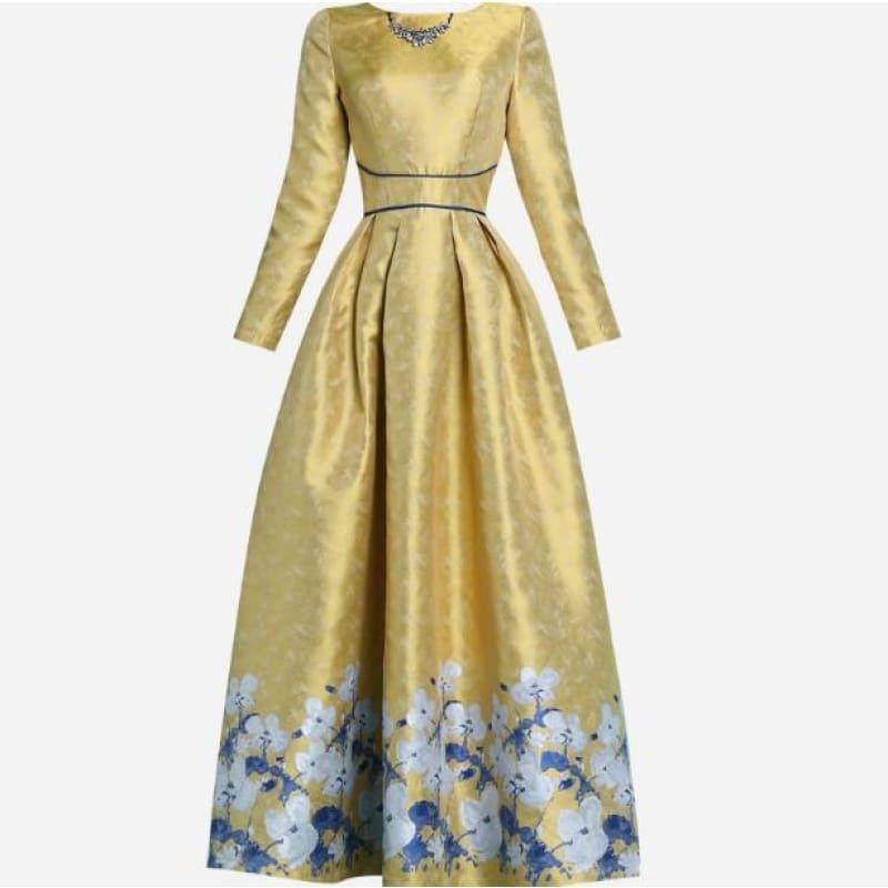 Elegant Luxury Jacquard Vintage Retro Long Sleeve Slim Maxi Dress - YELLOW / S - Maxi Dress