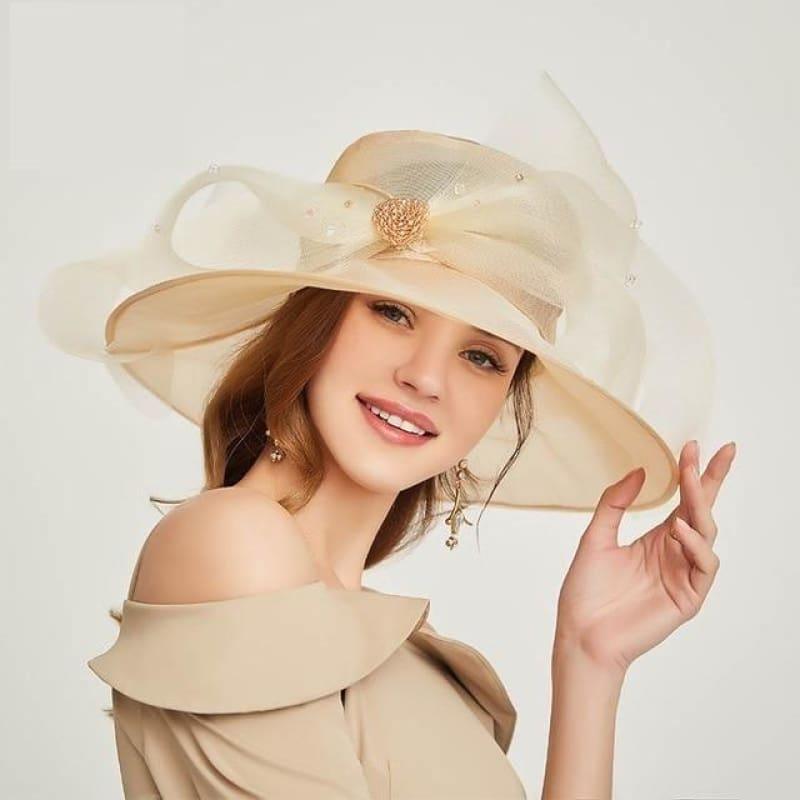 Elegant Organza Wide Brim Church Large Kentucky Derby Big Bow Hat - Beige / 56-58CM - hats