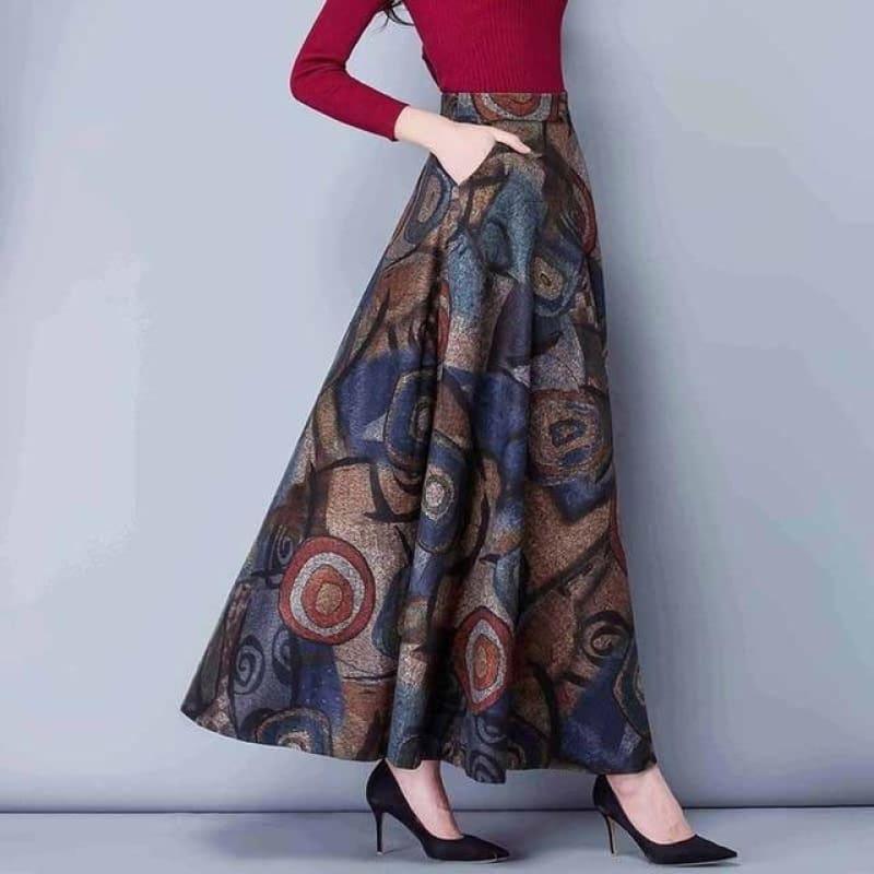 Elegant Print Vintage Warm High Waist Wool Maxi Long Skirt - picture color / S - Skirts