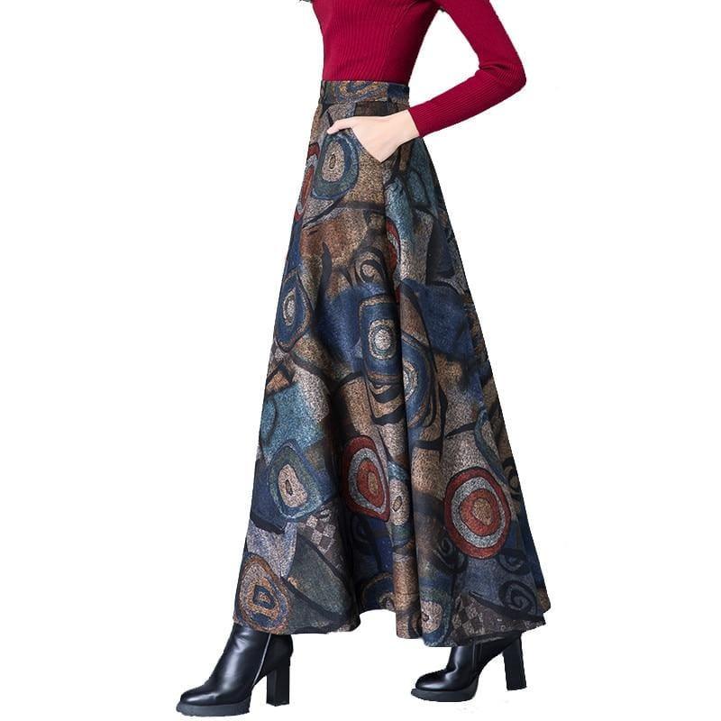 Elegant Print Vintage Warm High Waist Wool Maxi Long Skirt - Skirts