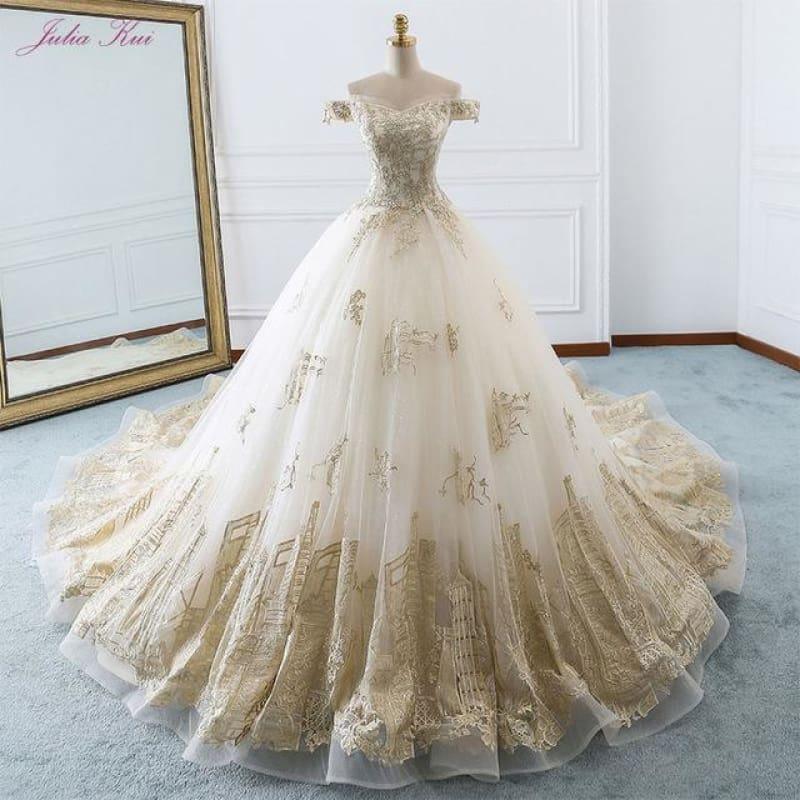 Elegant Shiny Embroidery Tulle Scalloped Bridal Dress Off The Shoulder Beading Pearls Royal Train Ball Gown Wedding Dress - TeresaCollections