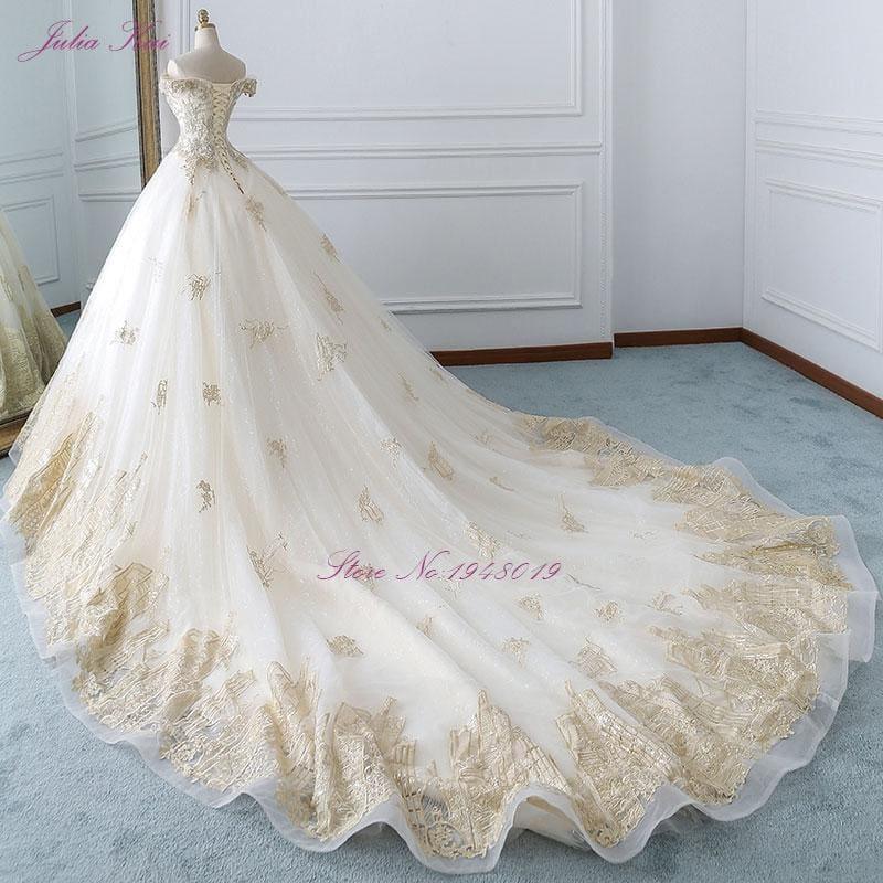 Elegant Shiny Embroidery Tulle Scalloped Bridal Dress Off The Shoulder Beading Pearls Royal Train Ball Gown Wedding Dress - TeresaCollections