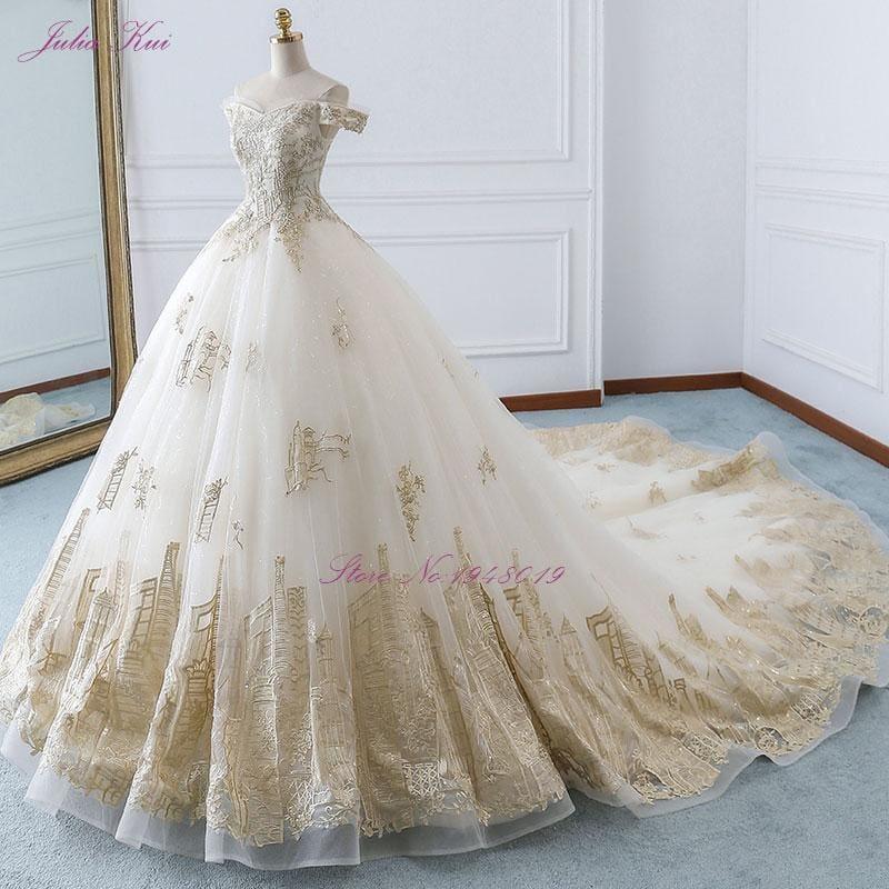 Elegant Shiny Embroidery Tulle Scalloped Bridal Dress Off The Shoulder Beading Pearls Royal Train Ball Gown Wedding Dress - TeresaCollections