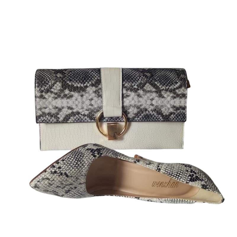 Elegant Snake Printed Leather Pumps With Matching Clutch Bags Sets - Pumps