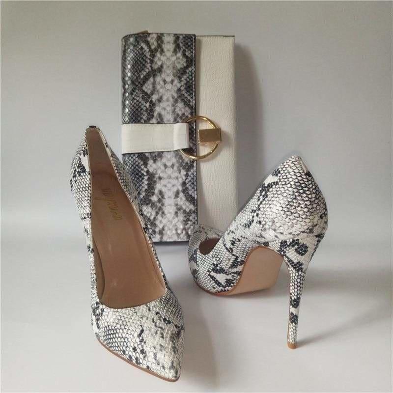 Elegant Snake Printed Leather Pumps With Matching Clutch Bags Sets - Pumps