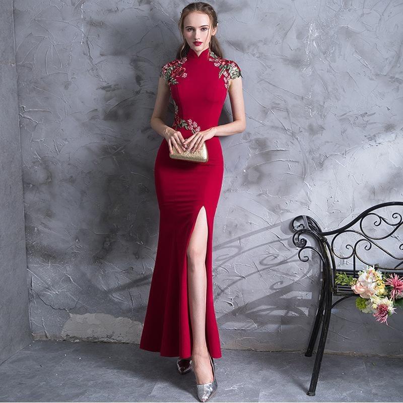 Embroidery Modern Cheongsam Red Sexy Qipao Long Traditional Chinese Dress - Gown