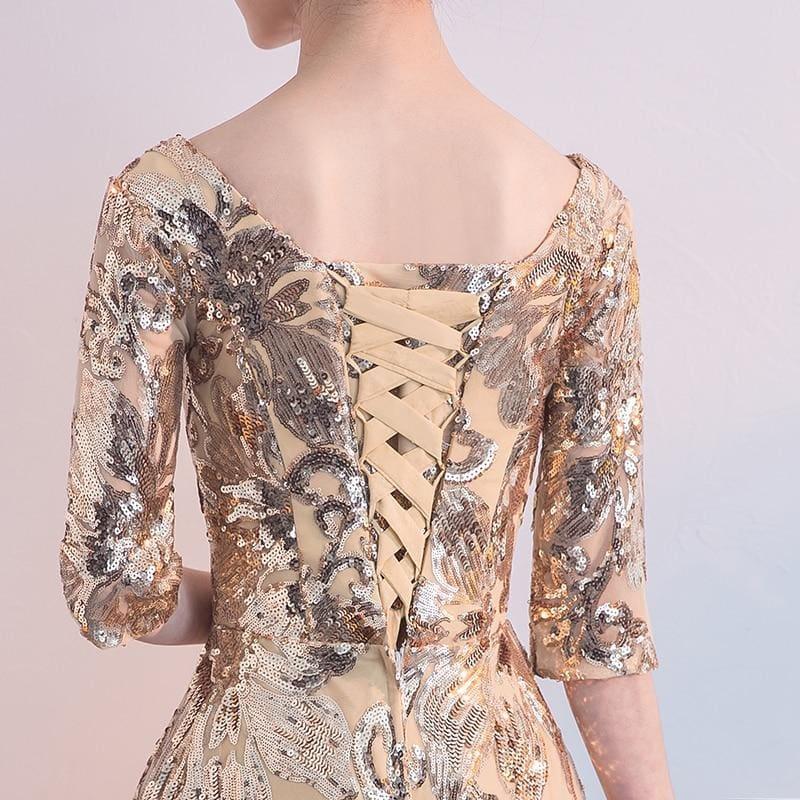 Empire Waist Gold Flower Sequins Formal Evening Midi Dress - TeresaCollections