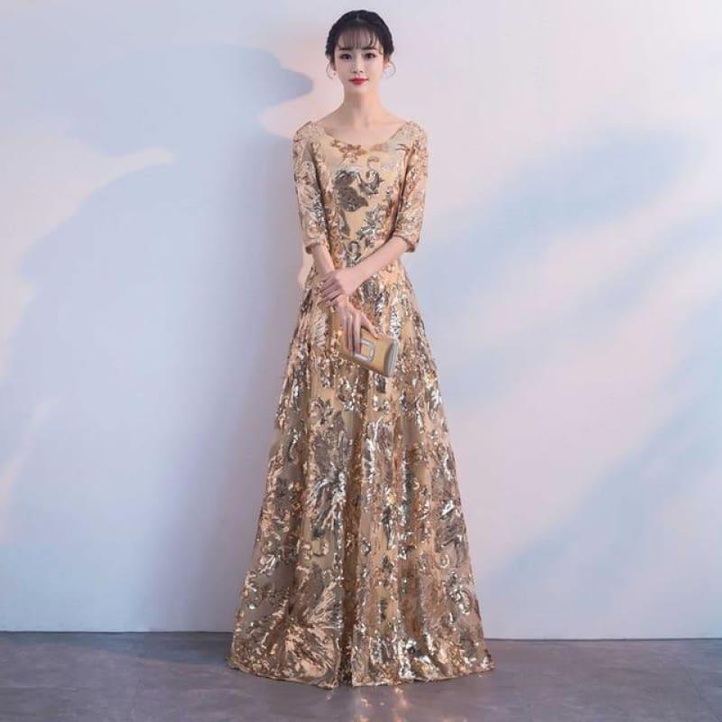 Empire Waist Gold Flower Sequins Formal Evening Midi Dress - TeresaCollections