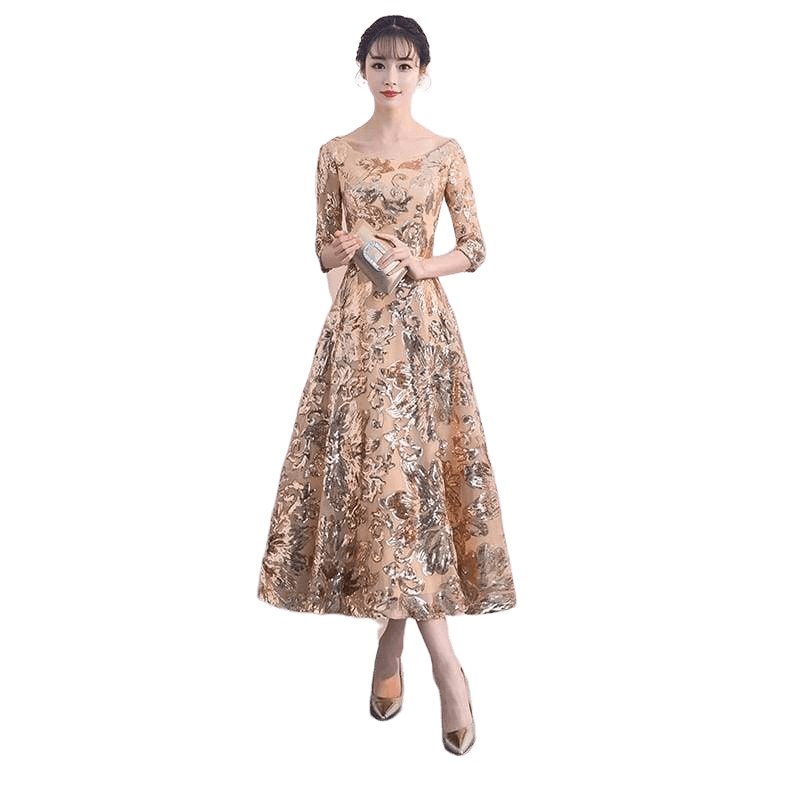 Empire Waist Gold Flower Sequins Formal Evening Midi Dress - Midi dress