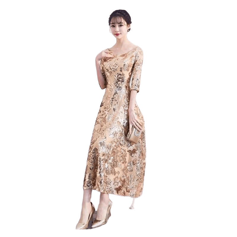 Empire Waist Gold Flower Sequins Formal Evening Midi Dress - Midi dress