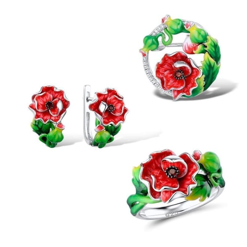 Enamel Red Flower CZ Stones Ring Earrings Brooch Necklace 925 Sterling Silver Women Jewelry Set - 5.5 - Jewelry Set