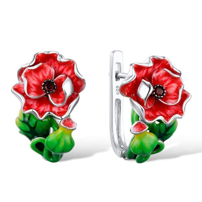 Enamel Red Flower CZ Stones Ring Earrings Brooch Necklace 925 Sterling Silver Women Jewelry Set - Jewelry Set