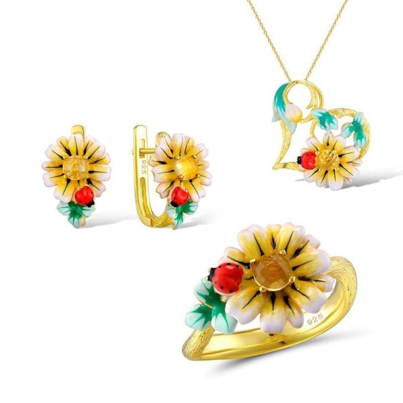 Enamel Sunflower Ring Earrings Pendent Necklace 925 Sterling Silver Fashion Jewelry Set - 7.25 - jewelry set