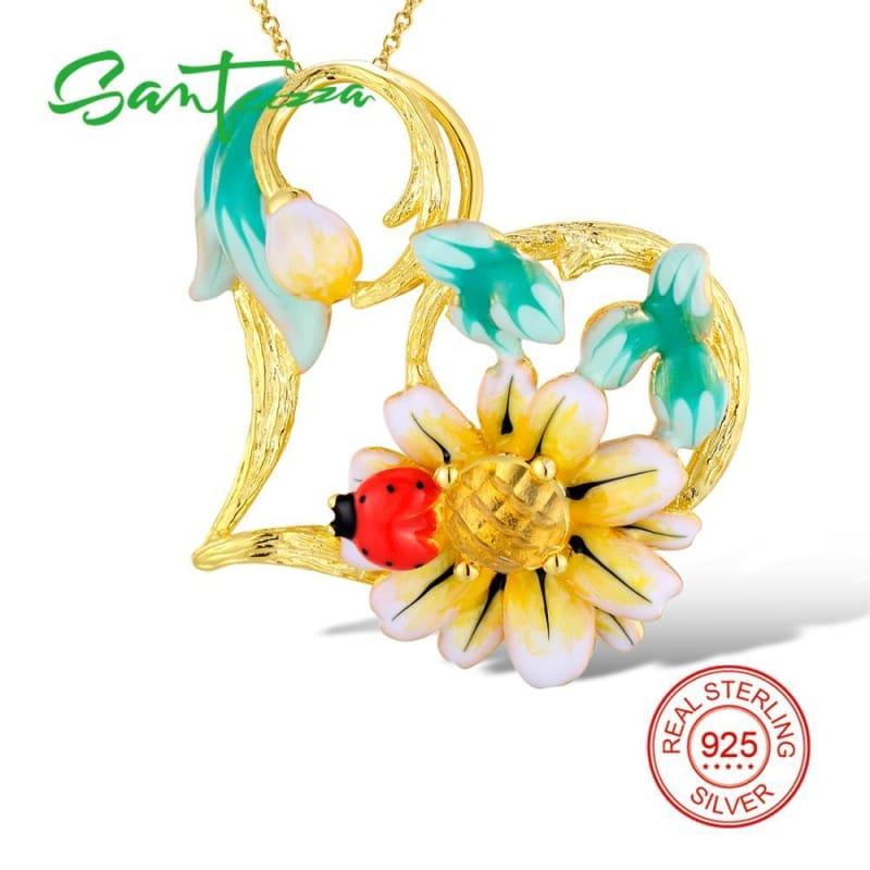 Enamel Sunflower Ring Earrings Pendent Necklace 925 Sterling Silver Fashion Jewelry Set - jewelry set