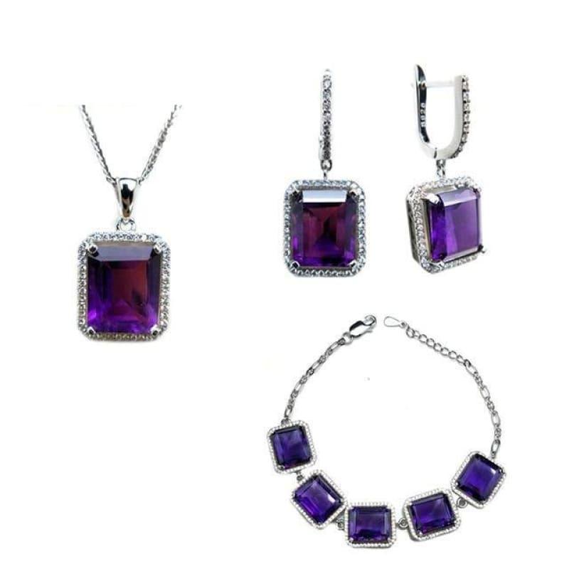 Exquisite African Amethyst Gemstone 925 Silver Earrings Bracelets Pendant Jewelry Gift Set - set / Resizable / 18 inches - jewelry set