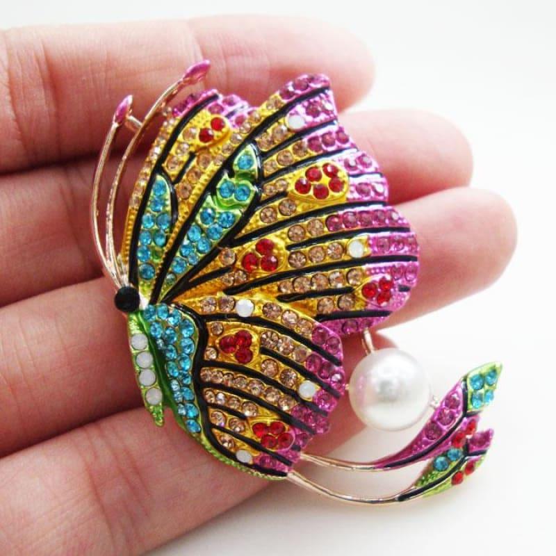 Exquisite Butterfly Woman Pearl Brooch Pin Multi-color Rhinestone Crystal Party - Default title - Brooch