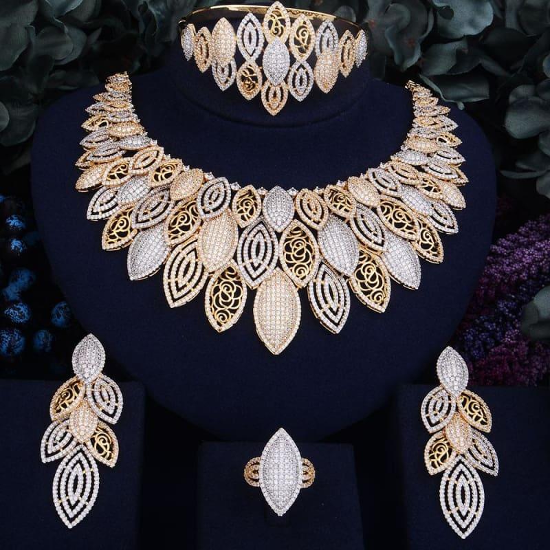 Exquisite Super Luxury Leaves Cubic Zirconia 4pcs Necklace Earring Ring Bangle Dubai Jewelry Set - Resizable - Jewelry Set