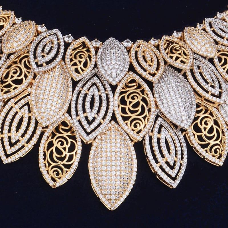 Exquisite Super Luxury Leaves Cubic Zirconia 4pcs Necklace Earring Ring Bangle Dubai Jewelry Set - Jewelry Set