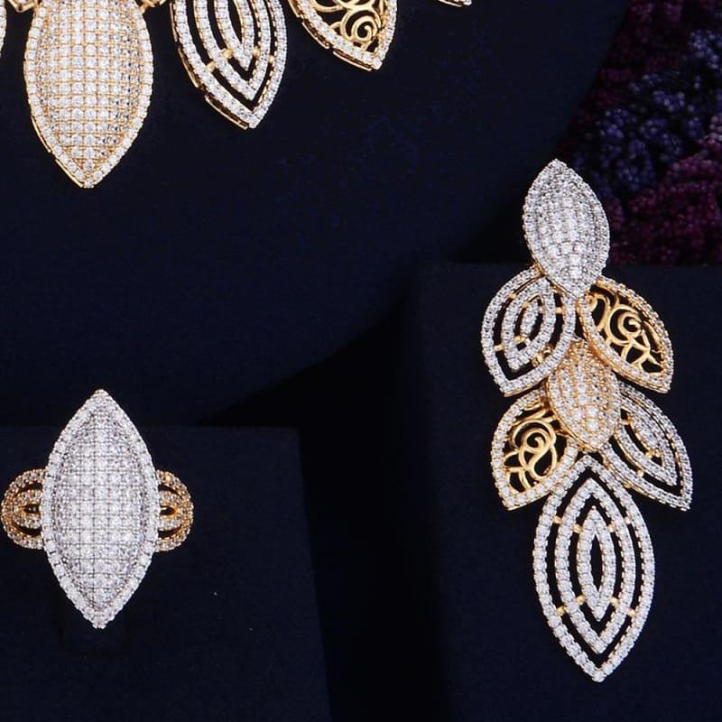 Exquisite Super Luxury Leaves Cubic Zirconia 4pcs Necklace Earring Ring Bangle Dubai Jewelry Set - Jewelry Set