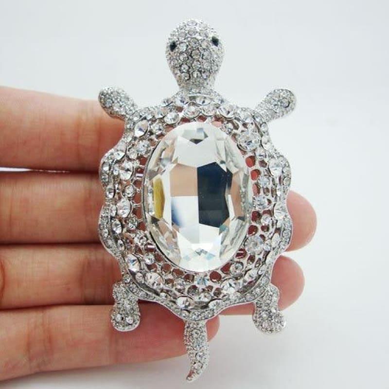 Fashion Cute Turtle Animal Art Style Clear Rhinestone Crystal Pendant Brooch Pin - brooch