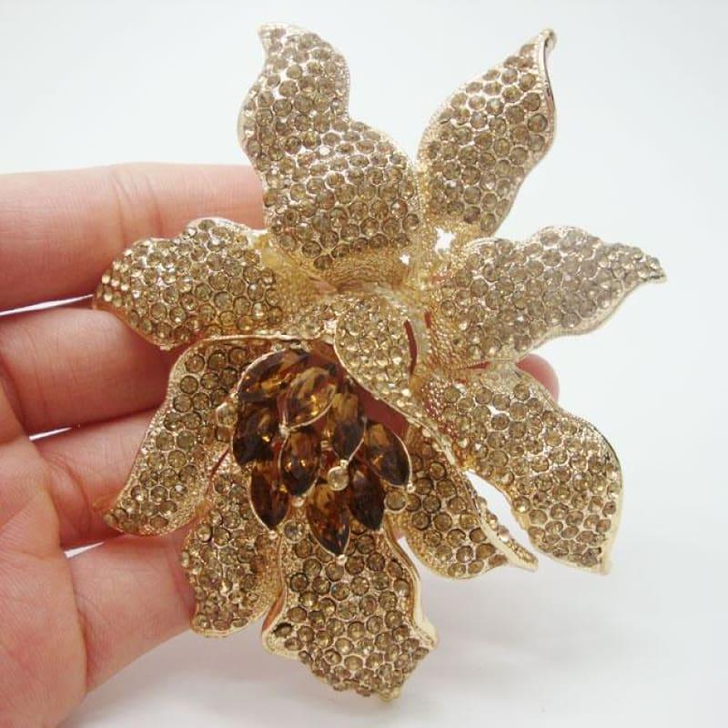 Fashion Jewelry Orchid Flower Brown Rhinestones Crystal Brooch Pin Gold-Tone - Brooch
