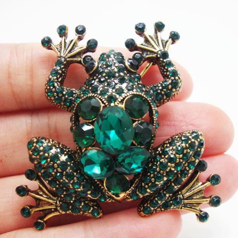 Fashion Jewelry Unique Animal Frog Gold Tone Brooch Pin Green Rhinestone - brooch